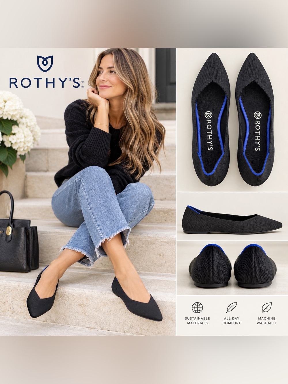 Rothy’s The Point Black Knit Flats – Women’s Size 8